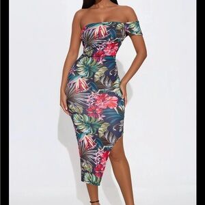 Fashion Nova Off-Shoulder Tropical Floral Asymmetrical Midi Dress